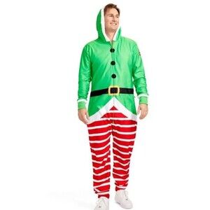 Tipsy Elves Adult Fleece Jumpsuit Sz LARGE Elf PJ Costume Hooded Zip Pajamas